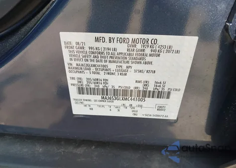 2021 Ford Ecosport Se из США, поврежденный, VIN MAJ6S3GLXMC441005